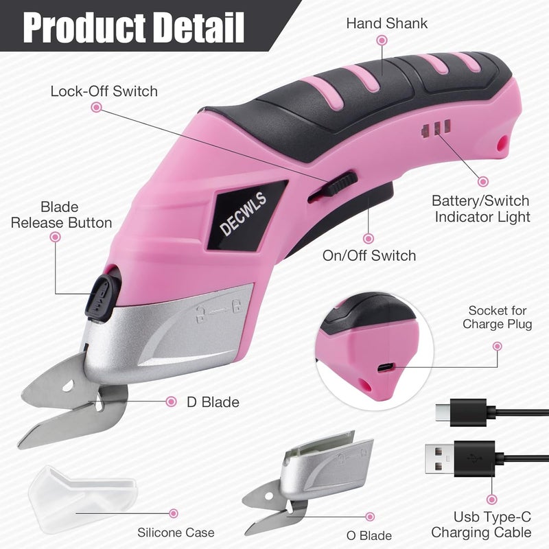 Decwls Cordless Electric Scissors for Fabric with 3 Type Blades, 4V Rechargeable Cardboard Scissors, Powerful Shears with Safety Lock Suitable, Cutting Tool for Carpet, Fabric, Cardboard, Leather-Pink - Image 3
